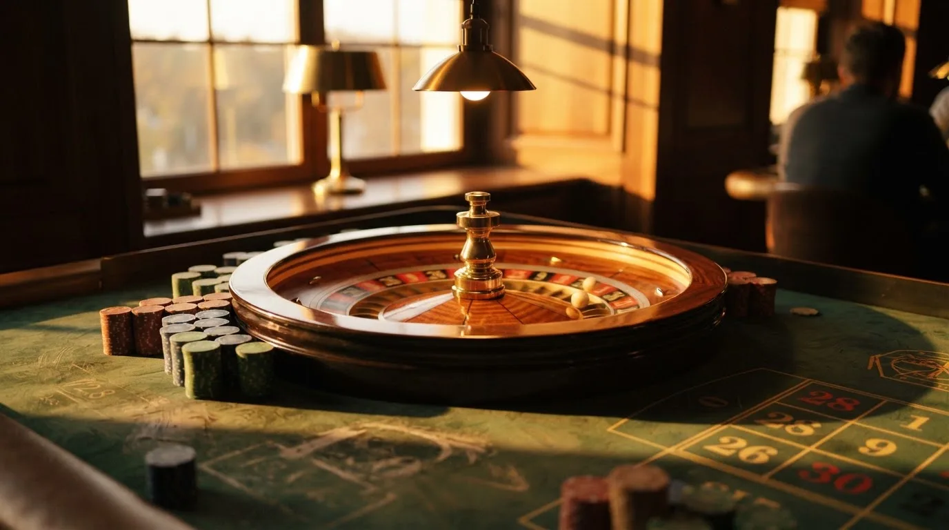 Roda de roleta e fichas sobre feltro verde, sob uma luz quente de fim de tarde — 1 euro casino em portugal