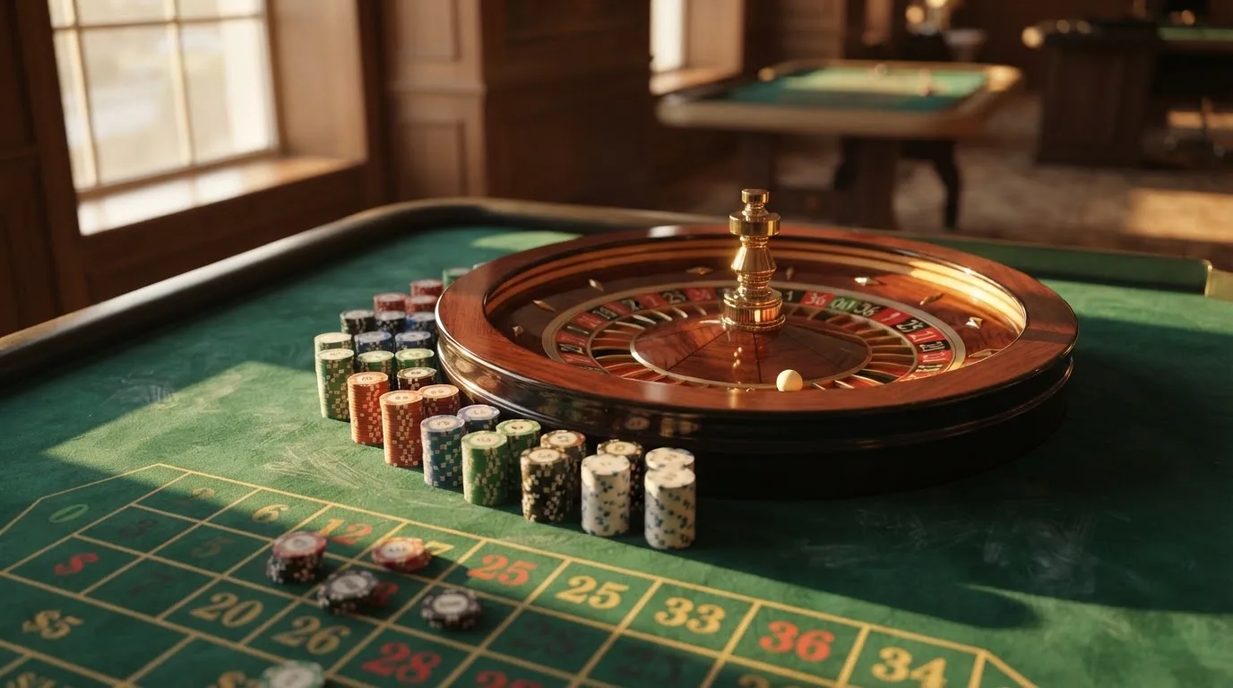 Roda de roleta e fichas sobre feltro verde, sob uma luz quente de fim de tarde — 10 euro casino em portugal