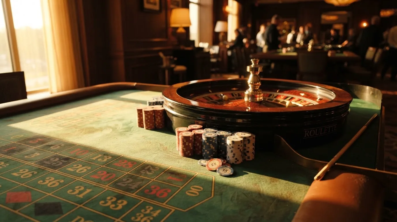 Roda de roleta e fichas sobre feltro verde, sob uma luz quente de fim de tarde — 20 euro casino em portugal