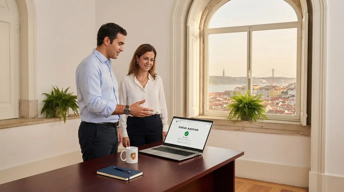 Duas pessoas de camisa a conversar junto a uma janela grande de um escritório público, com a cidade de Lisboa desfocada atrás.