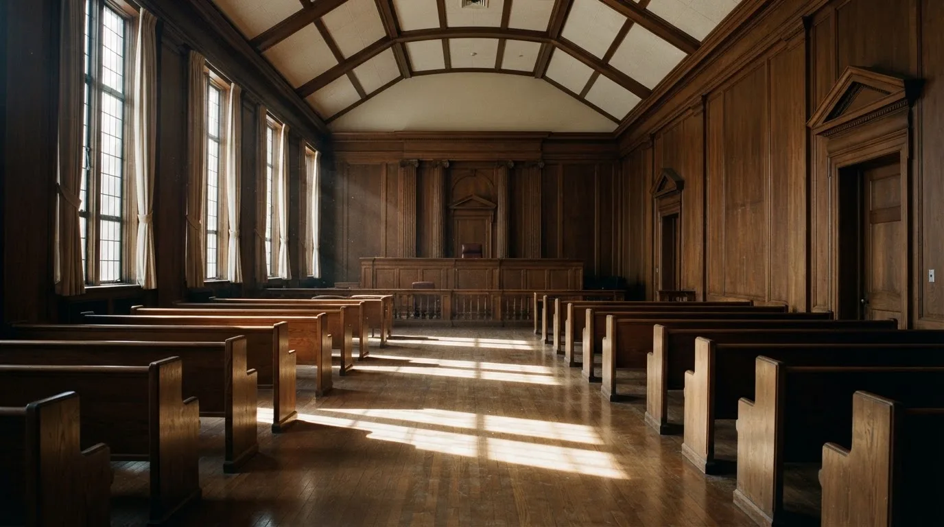 Sala de tribunal vazia com painéis de madeira, à luz da manhã — blackjack ao vivo em portugal