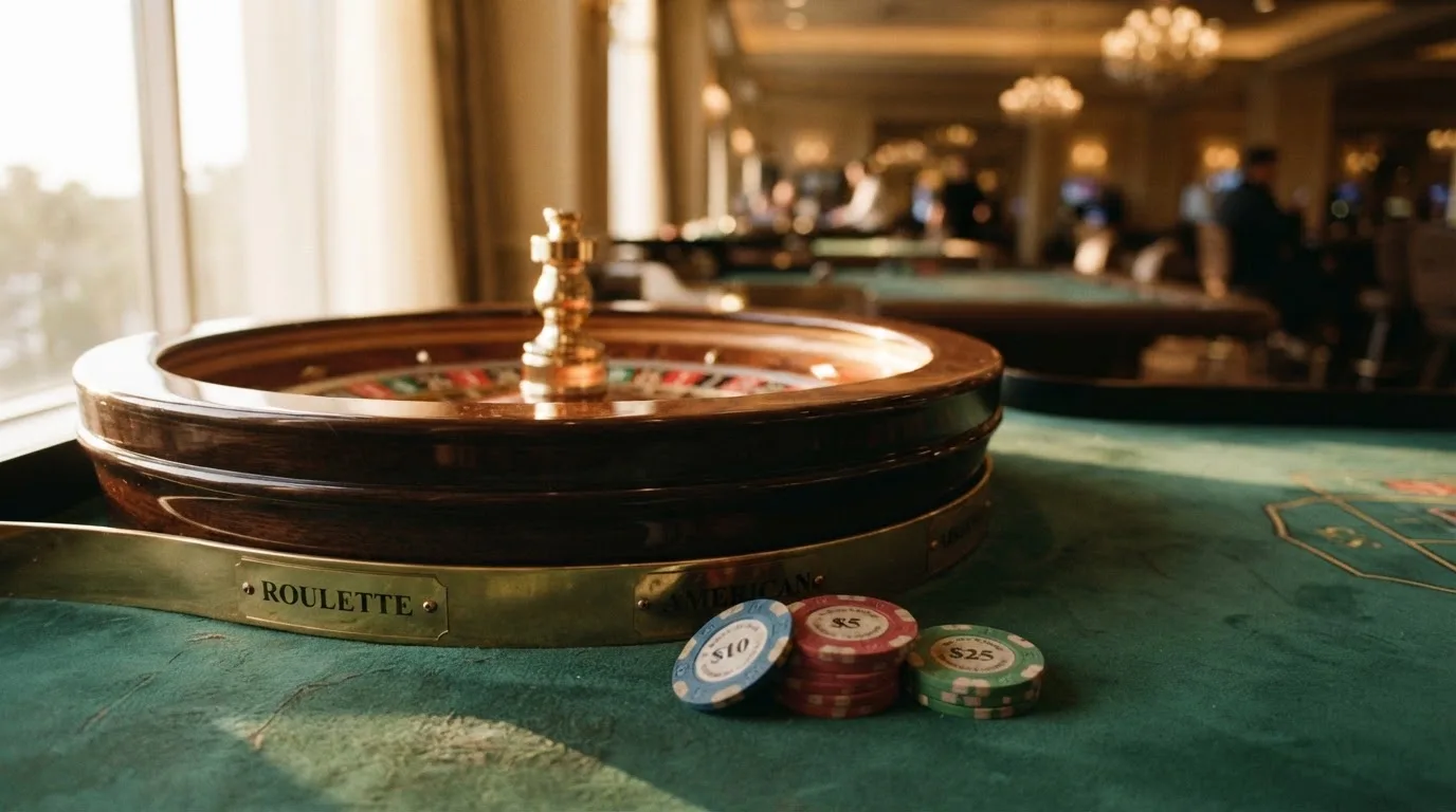 Roda de roleta e fichas sobre feltro verde, sob uma luz quente de fim de tarde — blackjack ao vivo em portugal