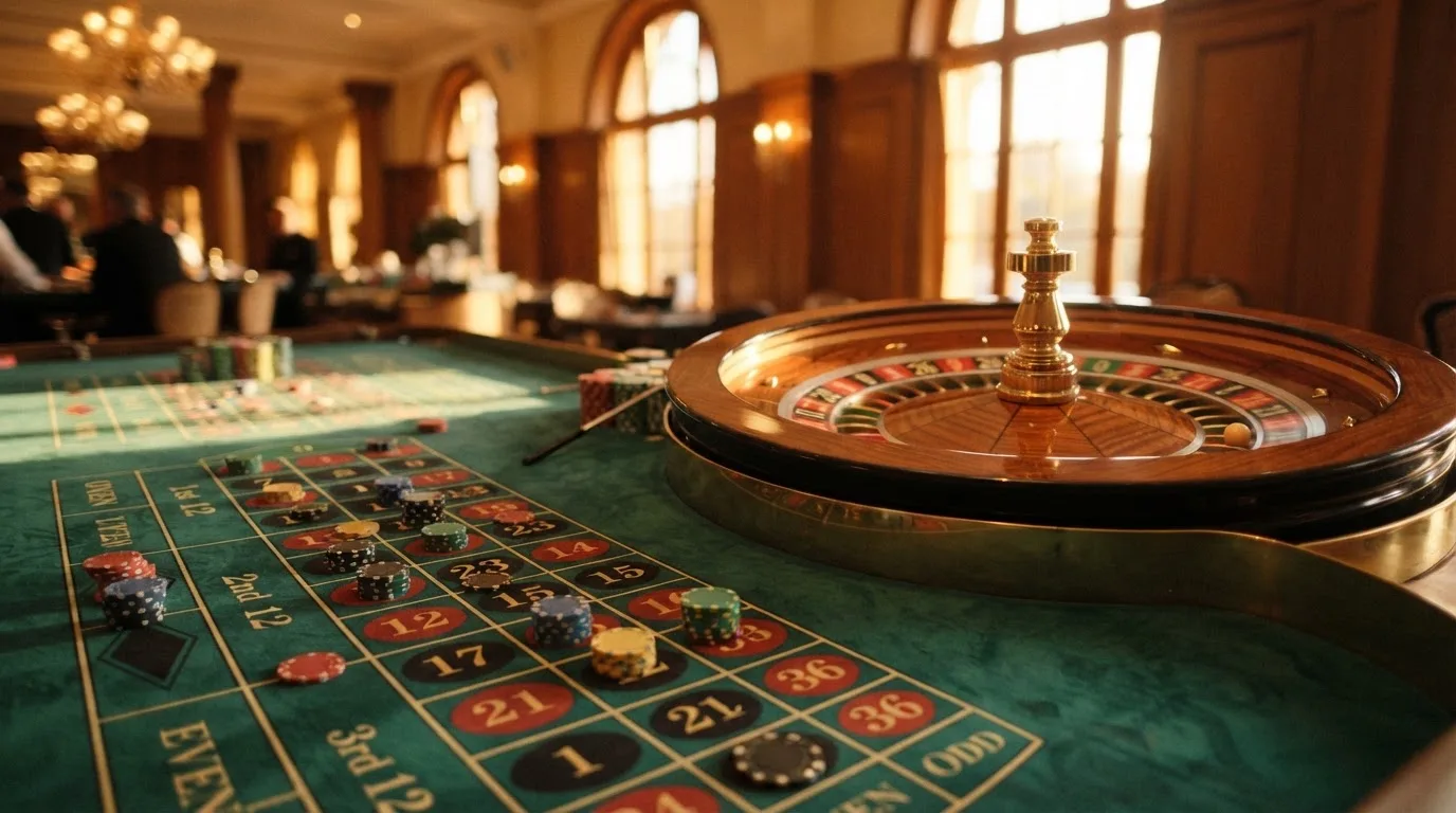 Roda de roleta e fichas sobre feltro verde, sob uma luz quente de fim de tarde — blackjack casinos em portugal