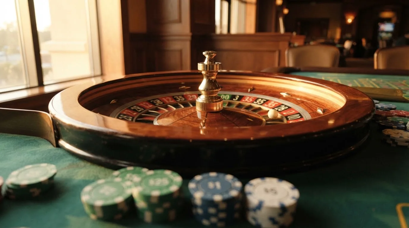 Roda de roleta e fichas sobre feltro verde, sob uma luz quente de fim de tarde — blackjack online casino em portugal
