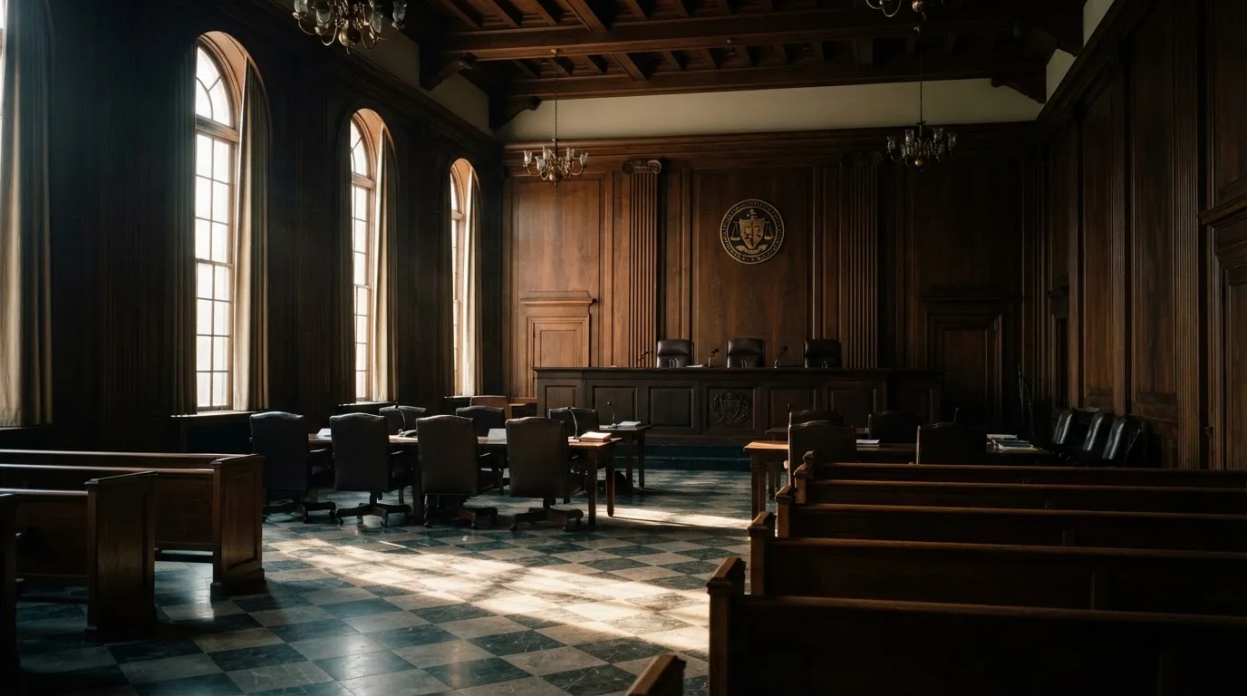 Sala de tribunal vazia com painéis de madeira, à luz da manhã — caça-níqueis em casinos portugueses