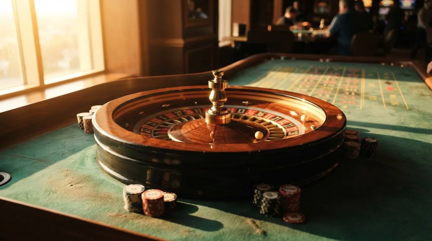Roda de roleta e fichas sobre feltro verde, sob uma luz quente de fim de tarde — caça-níqueis em casinos portugueses