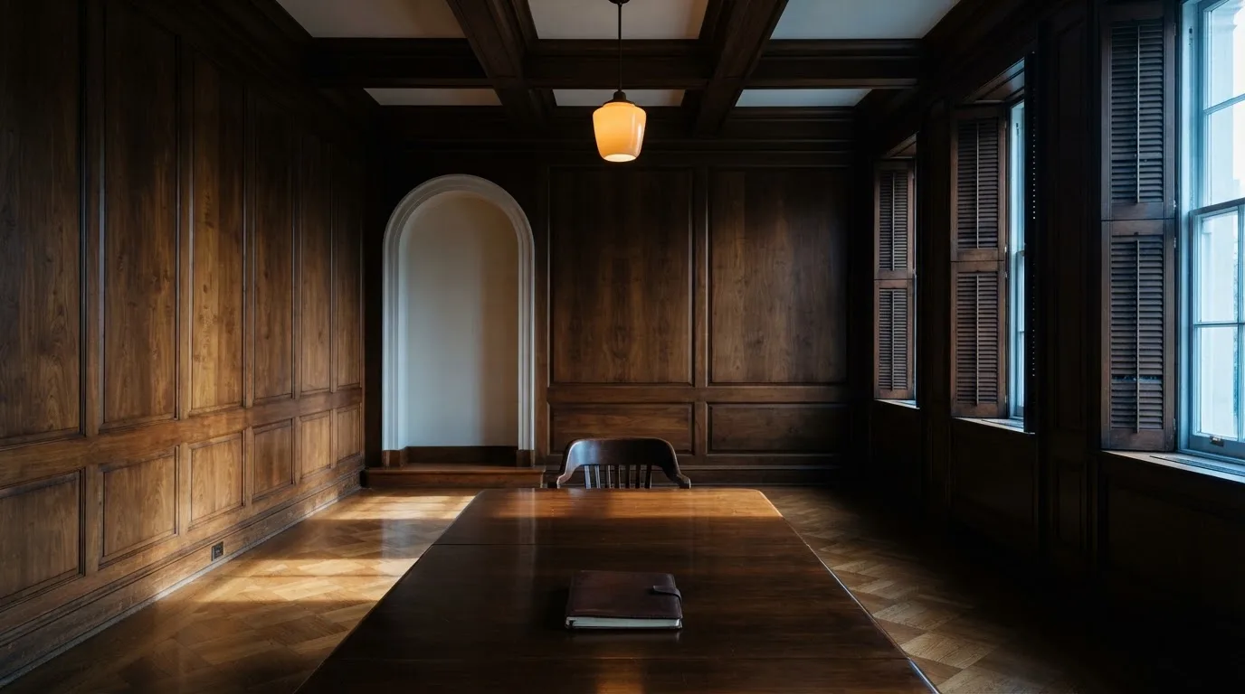 Sala de tribunal vazia com painéis de madeira, à luz da manhã — caça-níqueis grátis em portugal