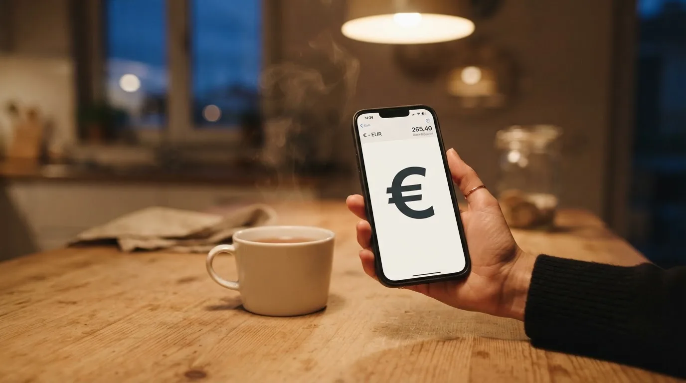 Mão a segurar um telemóvel ao lado de uma chávena de chá numa mesa de cozinha, numa noite tranquila — casino apostas em portugal
