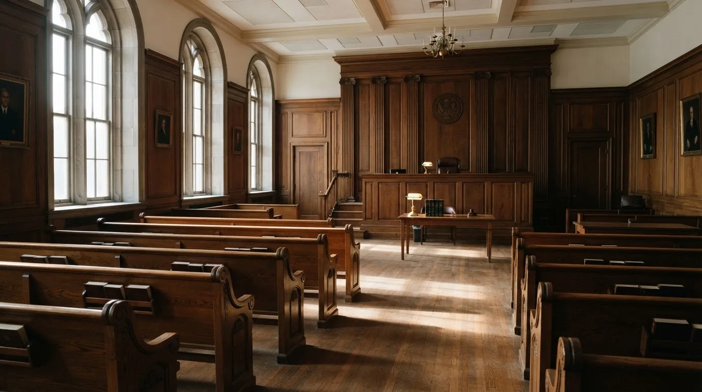 Sala de tribunal vazia com painéis de madeira, à luz da manhã — casino apostas em portugal