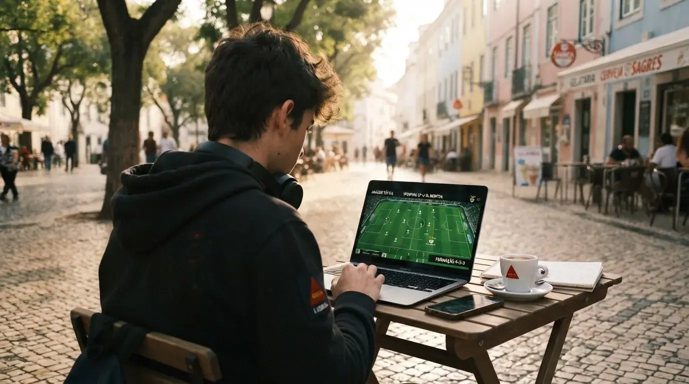 Jovem a trabalhar num café com portátil e auscultadores ao pescoço, esplanada de Lisboa ao fundo, luz suave.
