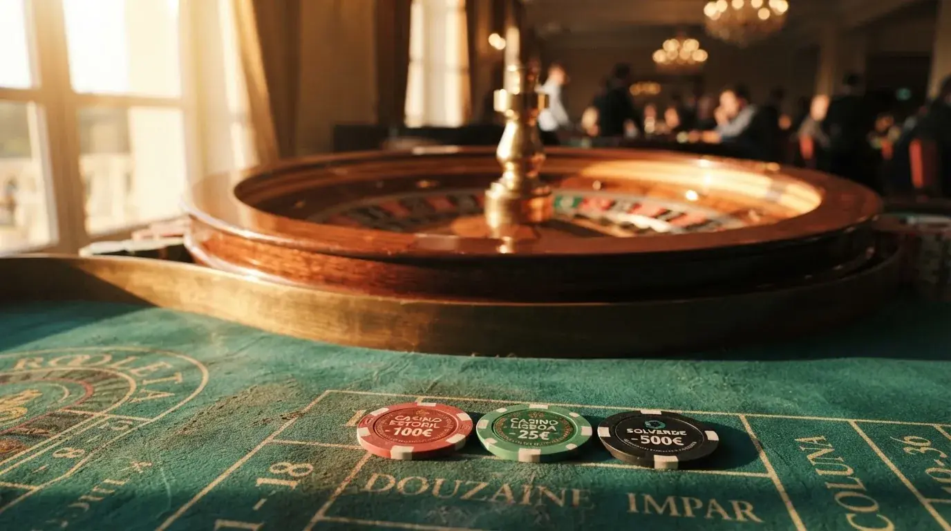 Roda de roleta e fichas sobre feltro verde, sob uma luz quente de fim de tarde — casino com bônus no cadastro pt