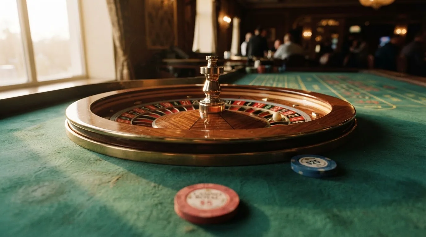 Roda de roleta e fichas sobre feltro verde, sob uma luz quente de fim de tarde — casino com dinheiro em portugal