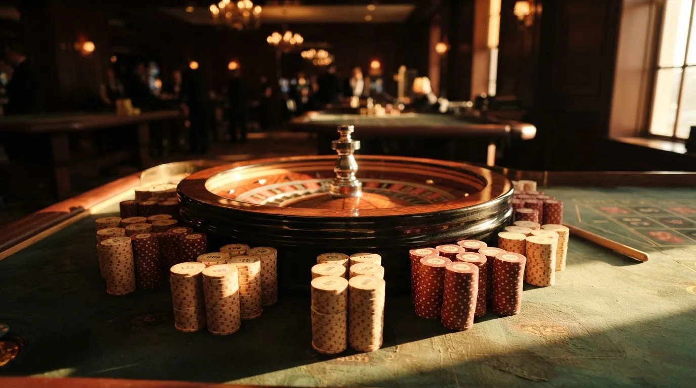 Roda de roleta e fichas sobre feltro verde, sob uma luz quente de fim de tarde — casino com ethereum em portugal