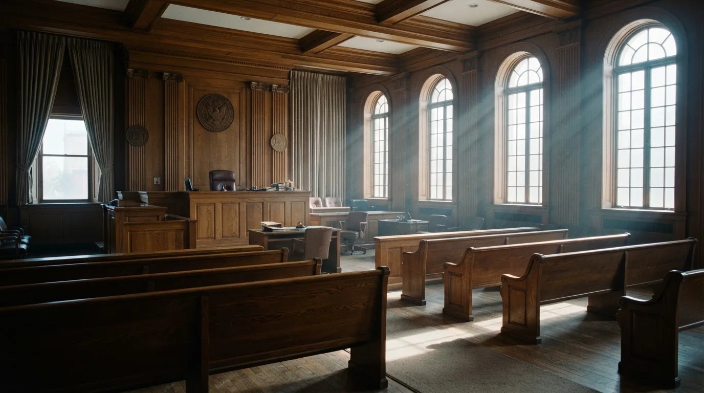 Sala de tribunal vazia com painéis de madeira, à luz da manhã — casino com free spins em portugal