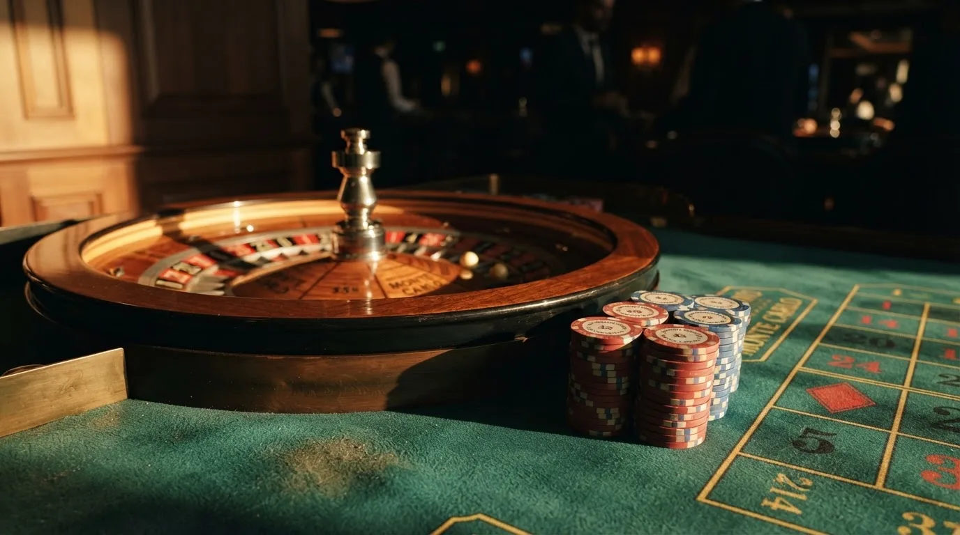 Roda de roleta e fichas sobre feltro verde, sob uma luz quente de fim de tarde — casino com free spins em portugal