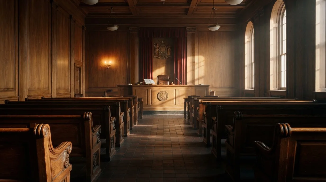 Sala de tribunal vazia com painéis de madeira, à luz da manhã — casino com grátis spins pt