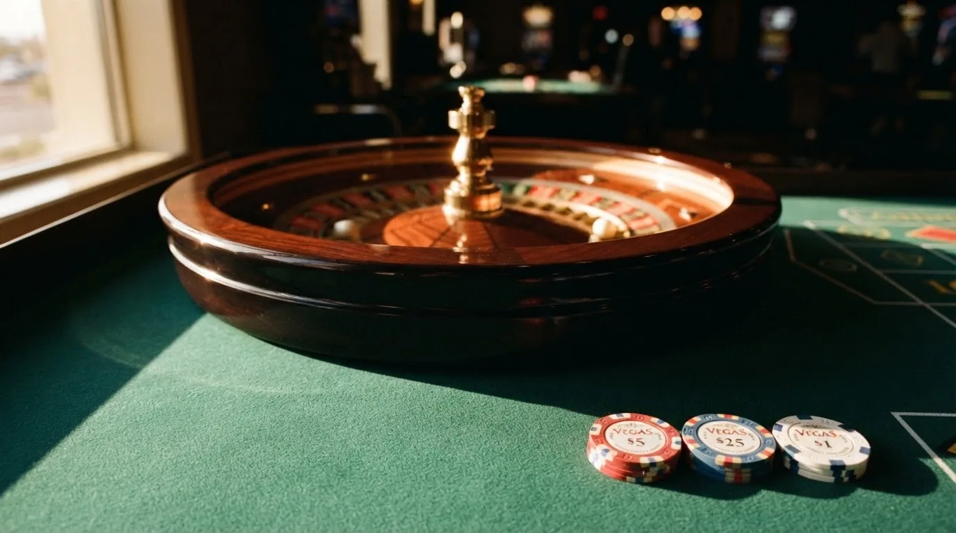 Roda de roleta e fichas sobre feltro verde, sob uma luz quente de fim de tarde — casino com grátis spins pt