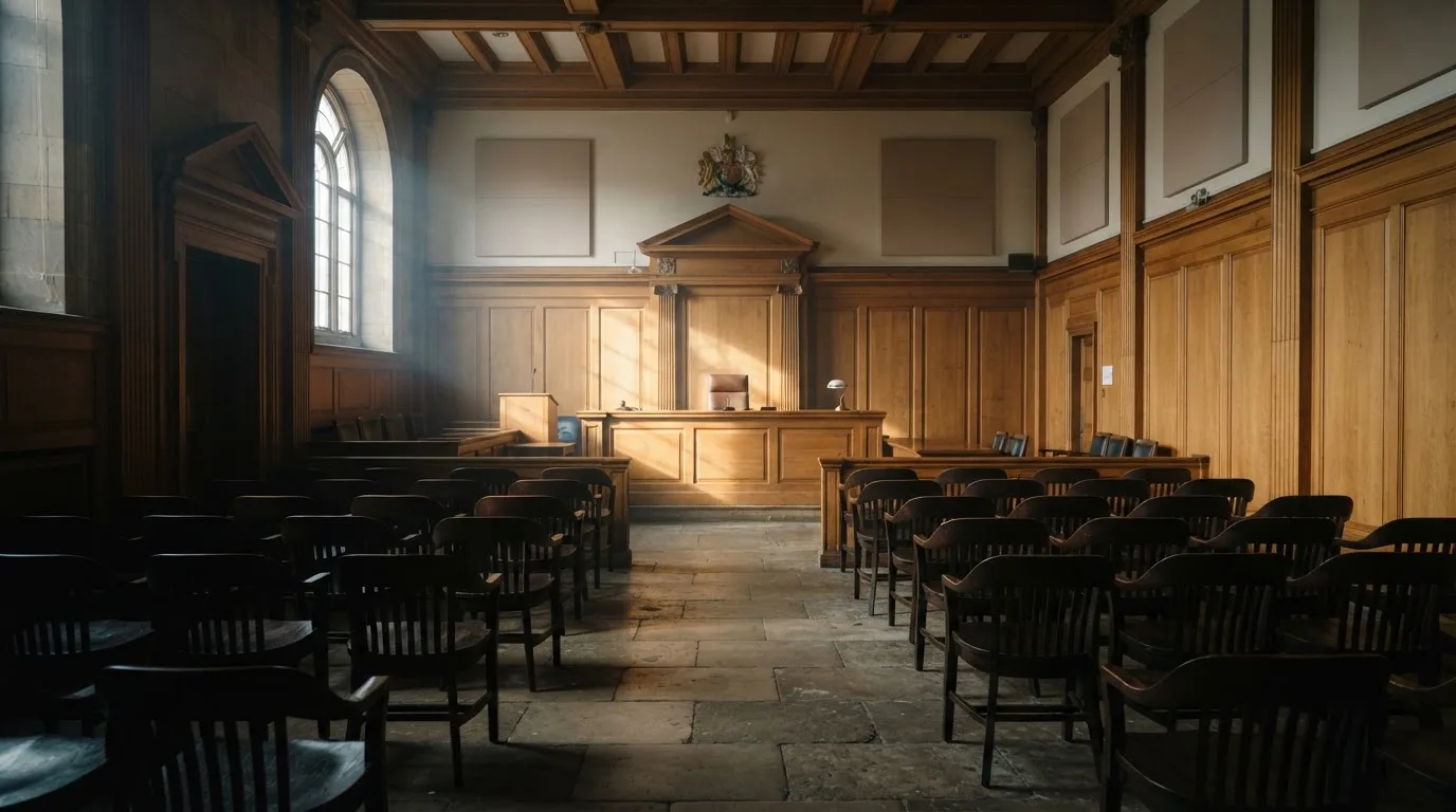 Sala de tribunal vazia com painéis de madeira, à luz da manhã — casino com litecoin em portugal