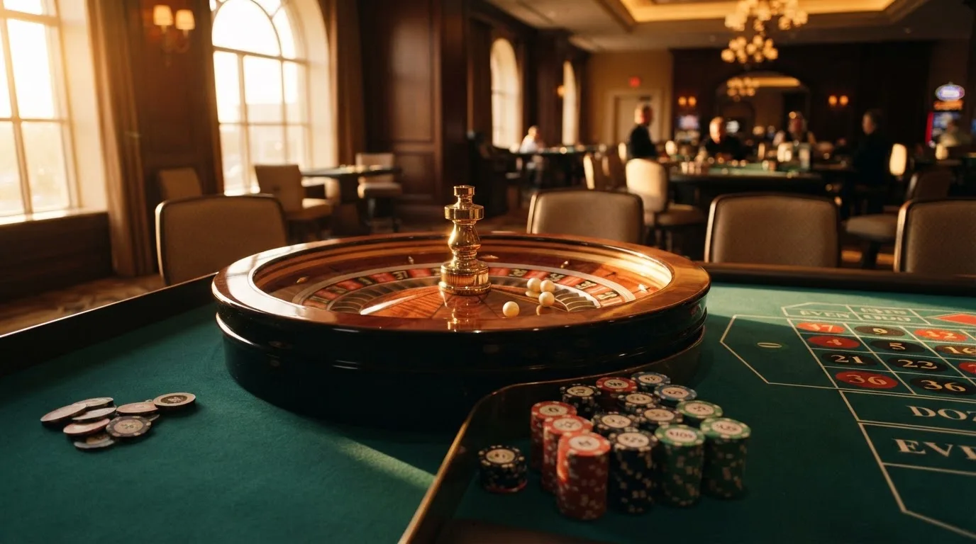 Roda de roleta e fichas sobre feltro verde, sob uma luz quente de fim de tarde — casino com litecoin em portugal
