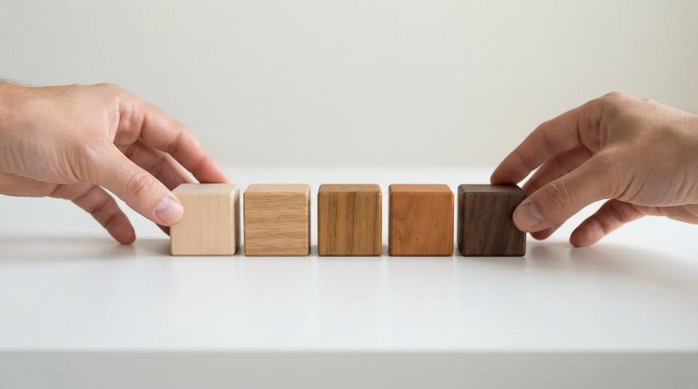 Mãos a alinhar cinco cubos de madeira em fila sobre uma mesa clara, como símbolo de comparação ponderada, com fundo neutro.