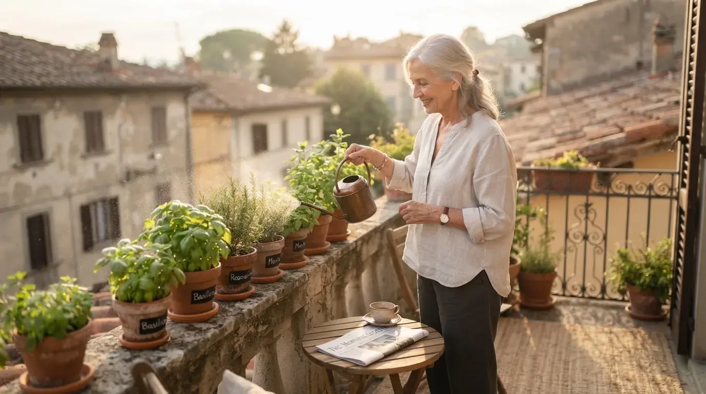 Senhora idosa a regar plantas na varanda de manhã, com ar descontraído, como exemplo de passatempo tranquilo em casa.