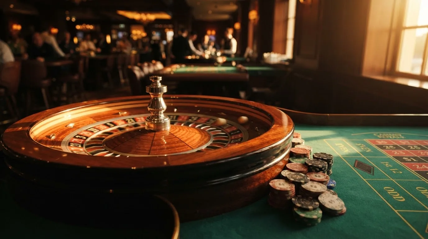 Roda de roleta e fichas sobre feltro verde, sob uma luz quente de fim de tarde — casino é confiável em portugal