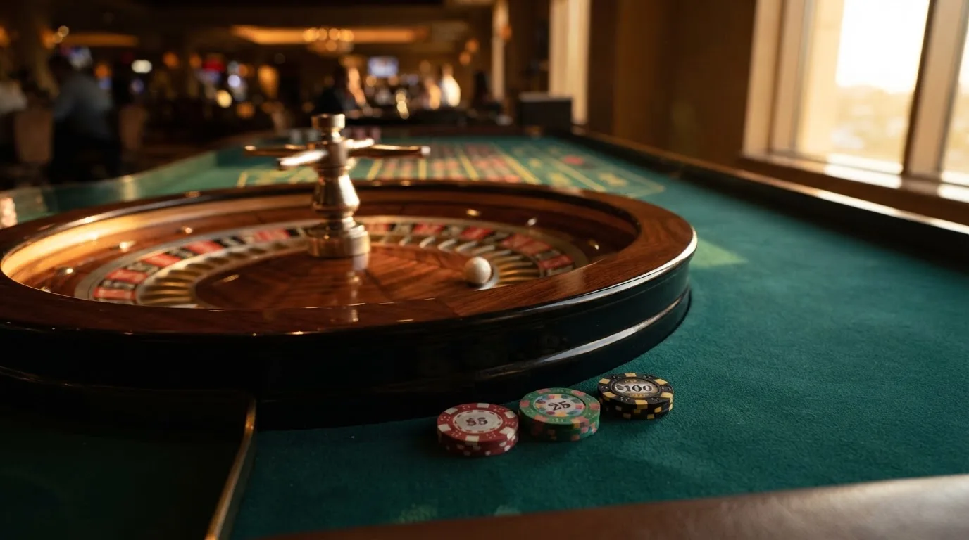 Roda de roleta e fichas sobre feltro verde, sob uma luz quente de fim de tarde — casino slots portugues