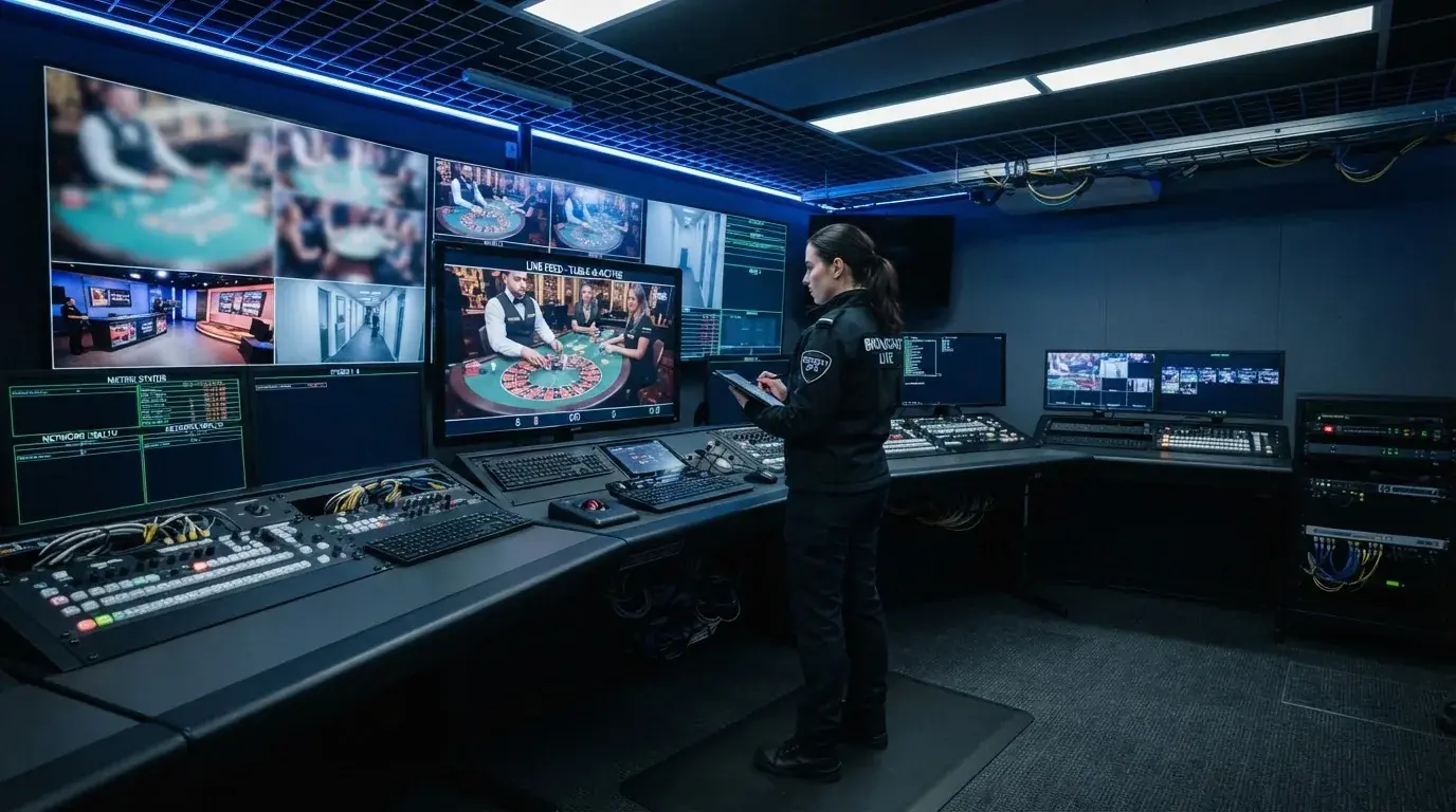 Técnico de uniforme escuro a verificar câmaras e equipamento numa sala de controlo de um estúdio de televisão, com vários monitores desfocados.