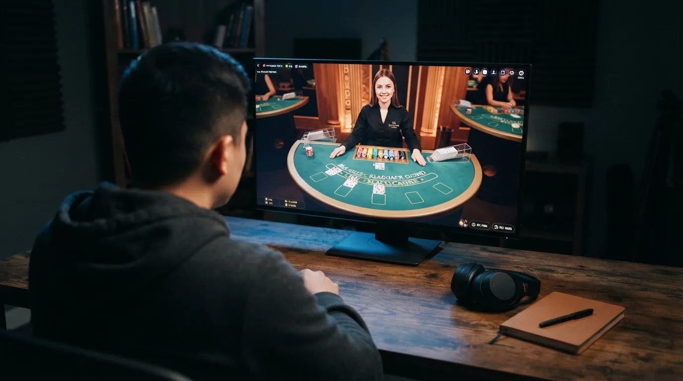 Pessoa sentada à secretária a ver um estúdio de casino em direto num monitor largo, com auscultadores e um caderno fechado ao lado.