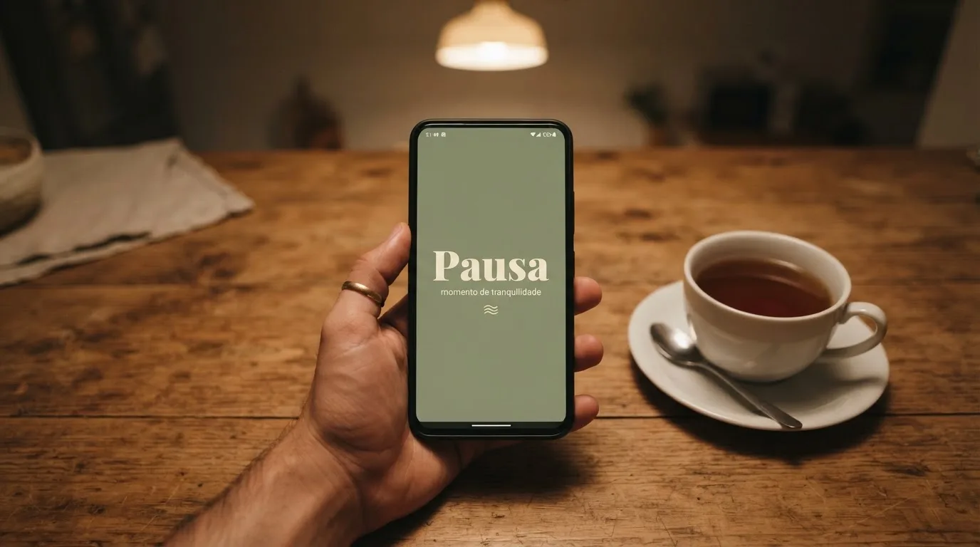 Mão a segurar um telemóvel ao lado de uma chávena de chá numa mesa de cozinha, numa noite tranquila — casinos com dinheiro em portugal