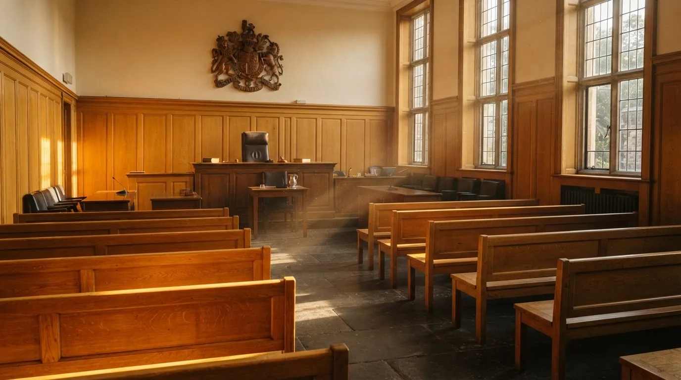 Sala de tribunal vazia com painéis de madeira, à luz da manhã — casinos legais em portugal