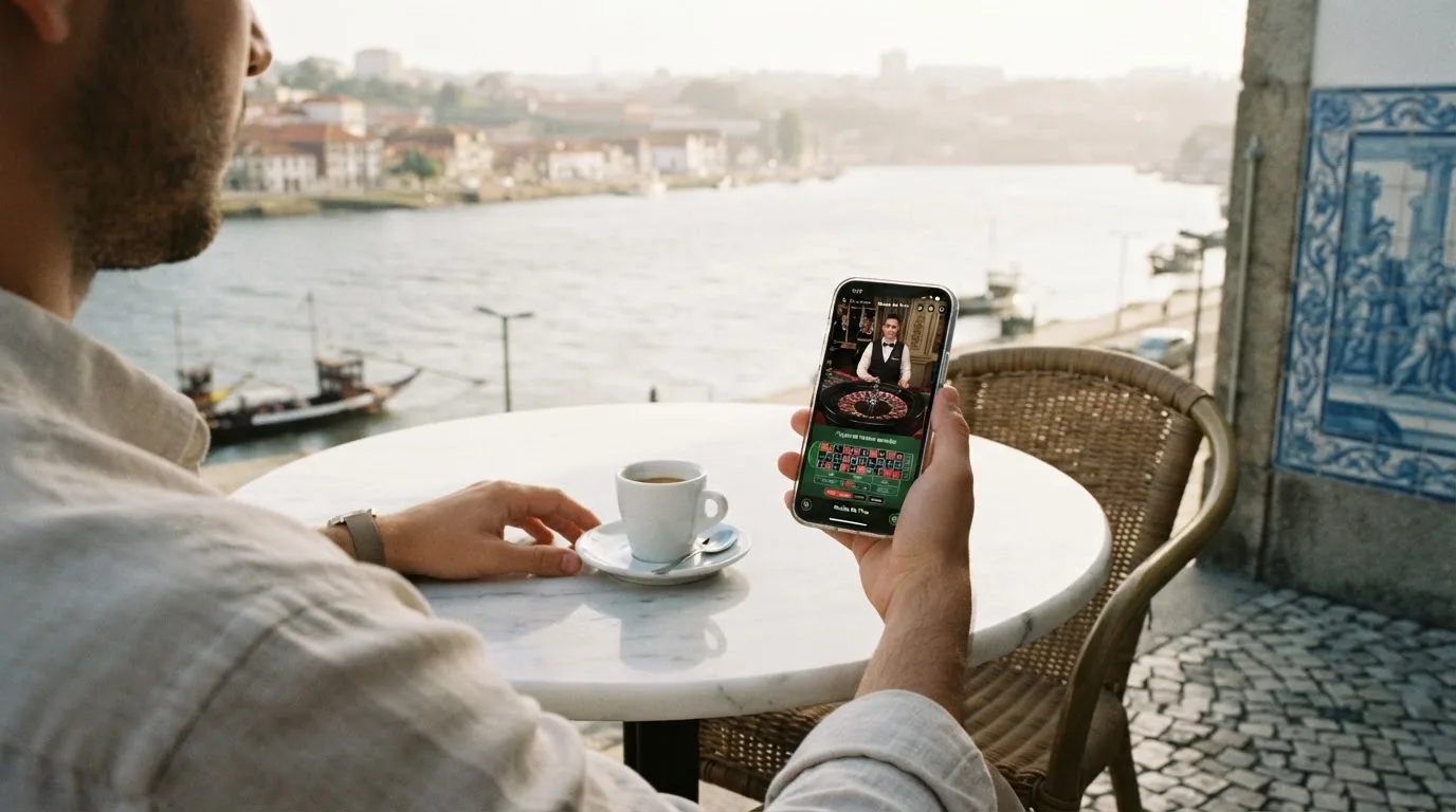 Pessoa a jogar no telemóvel numa esplanada, com um café pousado na mesa e o rio ao fundo, sob sol suave.