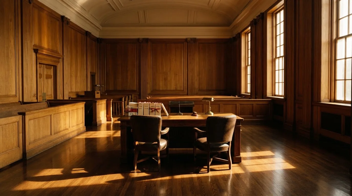 Sala de tribunal vazia com painéis de madeira, à luz da manhã — cassino com roleta em portugal