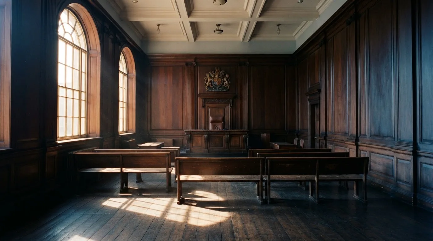 Sala de tribunal vazia com painéis de madeira, à luz da manhã — cassinos ao vivo em portugal