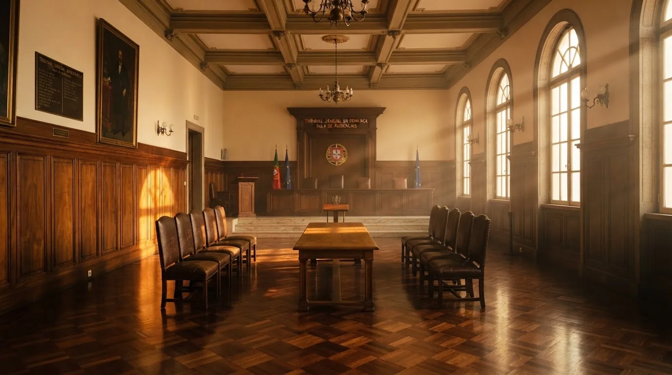 Sala de tribunal vazia com painéis de madeira, à luz da manhã — estratégia de roleta para portugueses