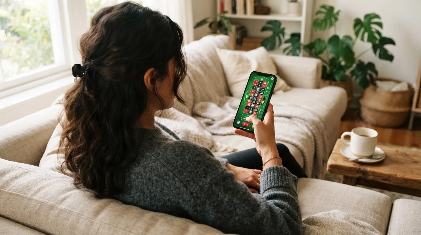 Mulher sentada num sofá a jogar roleta no telemóvel, com uma chávena de café na mesa e luz natural a entrar pela janela.