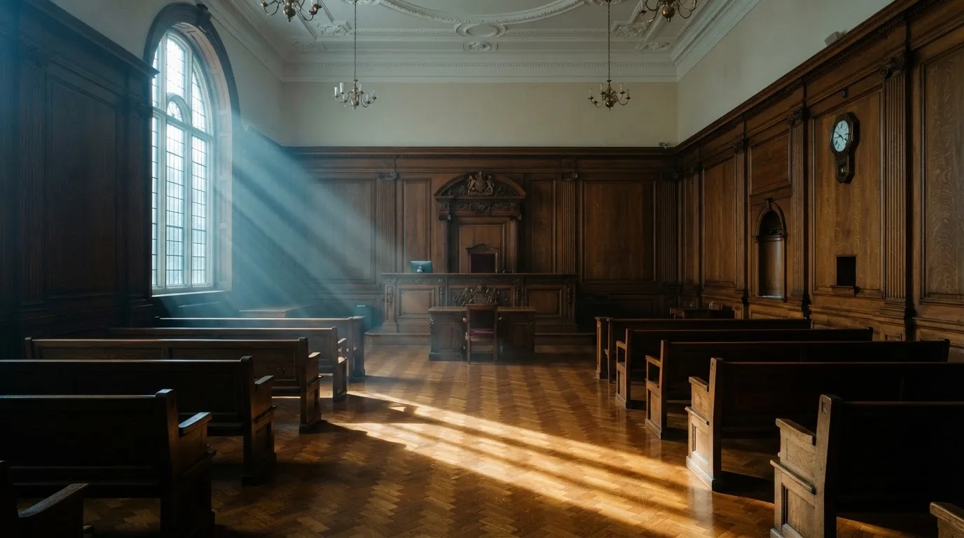 Sala de tribunal vazia com painéis de madeira, à luz da manhã — slots por dinheiro em portugal