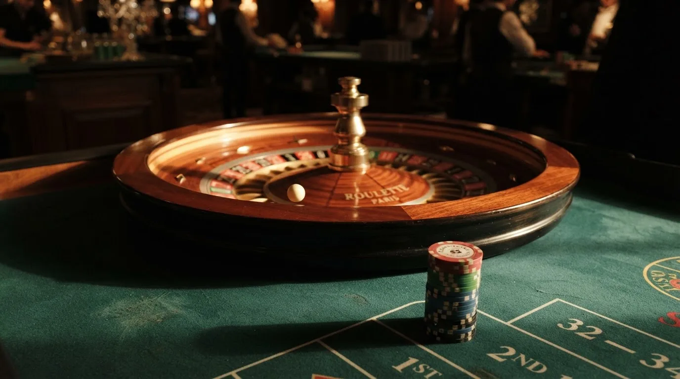 Roda de roleta e fichas sobre feltro verde, sob uma luz quente de fim de tarde — slots por dinheiro em portugal